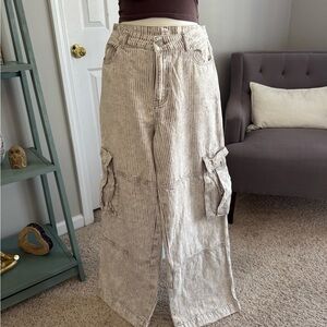 Altar'd State Beige and Brown Striped Cargo Pants